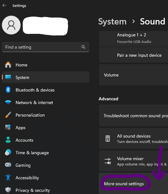 Search - Settings - System - Sound - More Sound Settings