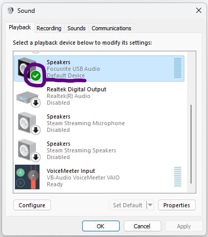 Sound Control Panel - Playback tab - Headset Speakers as Default Device