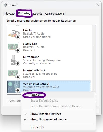 Sound Control Panel - Recording tab - Enable VoiceMeeter Output