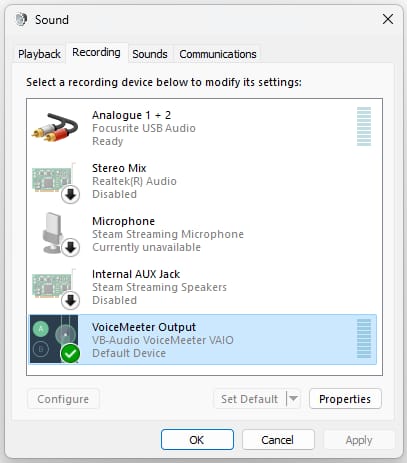 Sound Control Panel - Recording tab - VoiceMeeter Output as Default Device