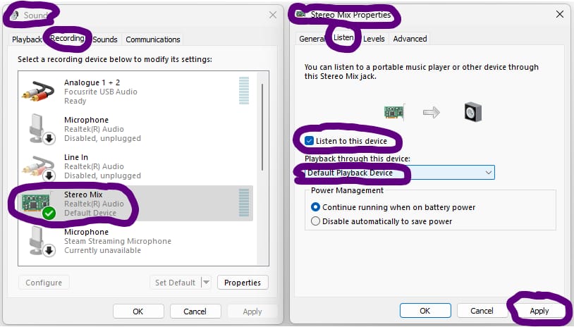 Stereo Mix Testing - right-click Stereo Mix - Properties - Listen tab - tick Listen to this device