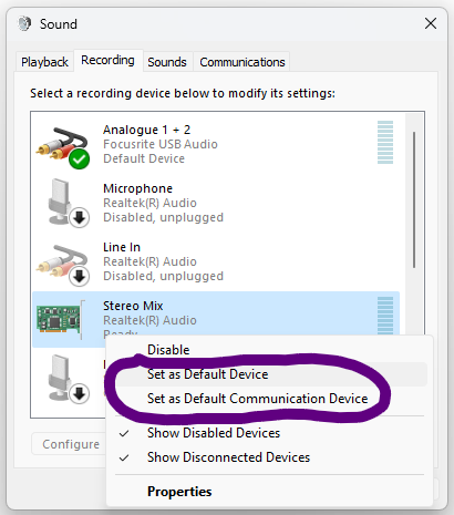 Right-Click Stereo Mix - tick Set as Default Device and Set as Default Communication Device