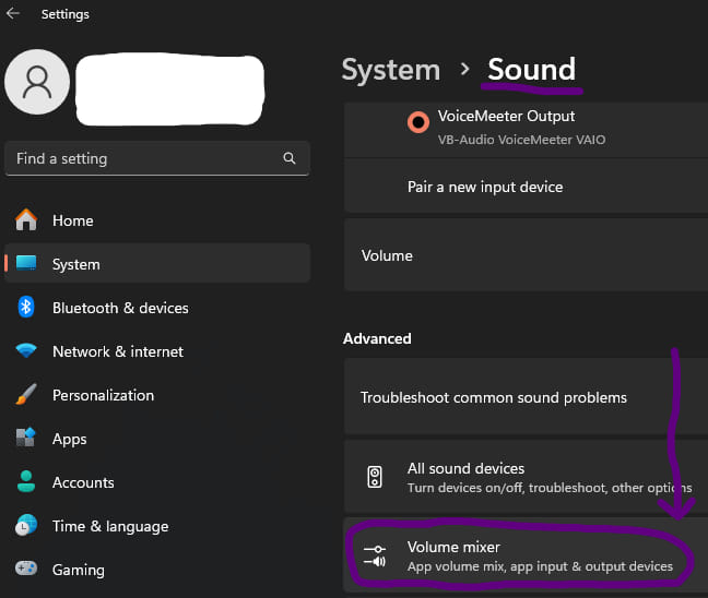 Search - Settings - System - Sound - Volume mixer