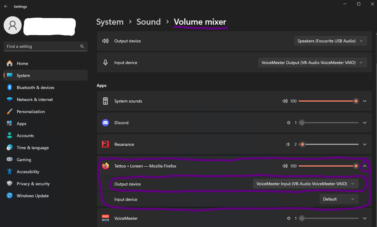 Search - Settings - System - Sound - Volume mixer - Spotify Firefox Output VoiceMeeter Input