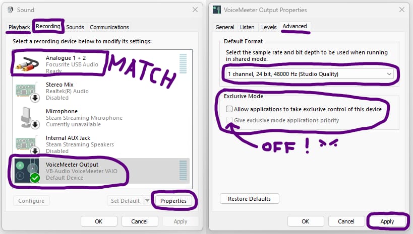 Sound Control Panel - Matching Formats and Other Settings