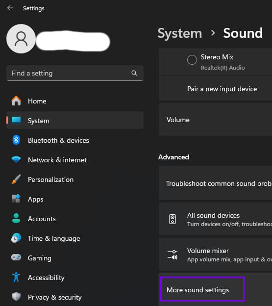 Stereo Mix Step 1 - Start - Settings - Sound - More Sound Settings