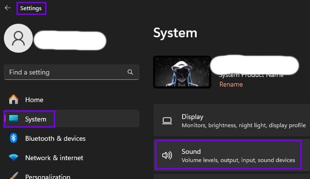 Stereo Mix Step 1 - Start - Settings - System - Sound