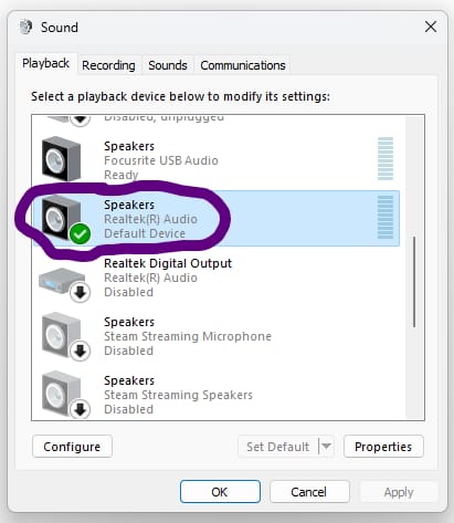 Stereo Mix Step 2 - Motherboard Playback Device Set as Default