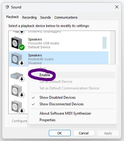 Stereo Mix Step 2 - Right-Click Motherboard Playback Device - Enable