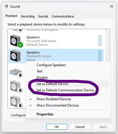 Stereo Mix Step 2 - Right-Click Motherboard Playback Device - tick Set as Default