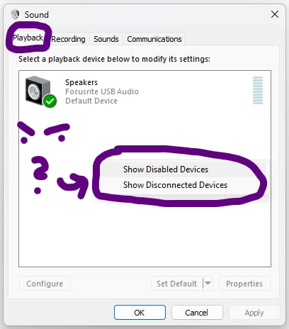 Stereo Mix Step 2 - Right-Click - Show Disabled Devices, Show Disconnected Devices