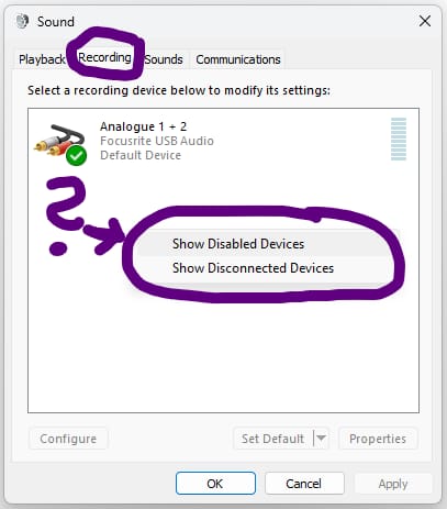 Stereo Mix Step 2 - Right-Click - Show Disabled Devices, Show Disconnected Devices