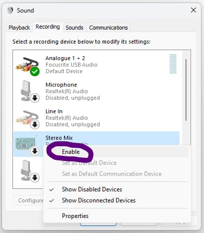 Stereo Mix Step 2 - Right-Click Stereo Mix - Enable