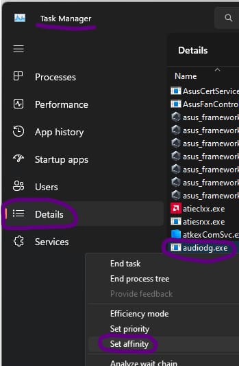 Task Manager - Details - audiodg.exe - right-click Set Affinity