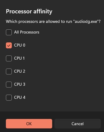 audiodg.exe Processor Affinity - choose 1 core only